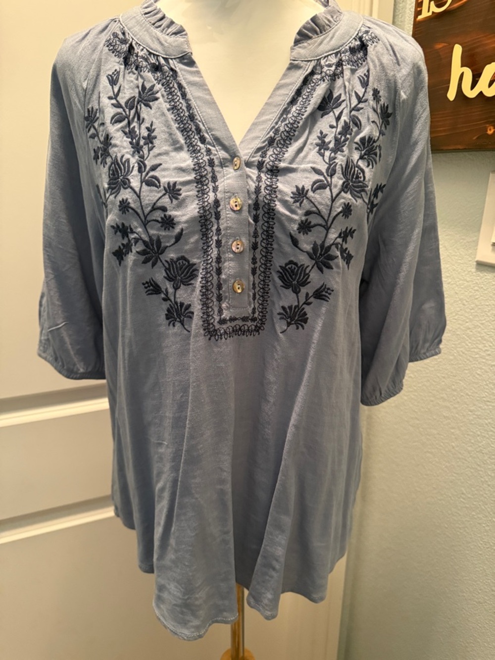 Westbound Light Blue Tunic with Navy Floral Embroidery